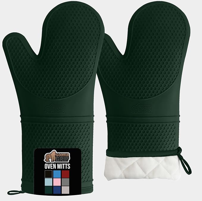 GORILLA GRIP BPA-Free Soft Silicone Oven Mitts, 14.5x8.3, Heat Resistant and Waterproof Cooking Gloves, Thick Cotton Lining, Flexible Gripping for Baking Grilling, Kitchen Potholders Set, Hunter Green
