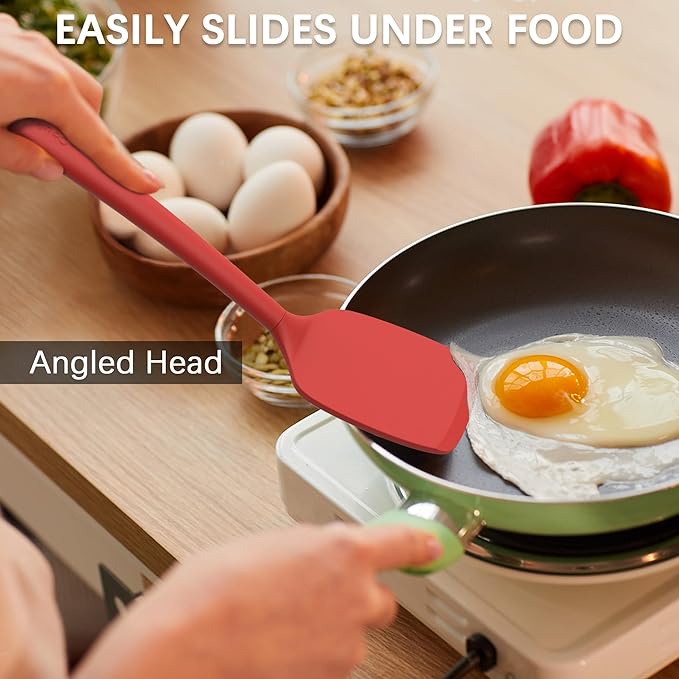 Coukre 2 Pack Silicone Spatula Set, High Heat Resistant, BPA Free Kitchen Spatula, Solid & Slotted Turner for Non-Stick Pans, Sautéing, and Flipping (2, PureRed)