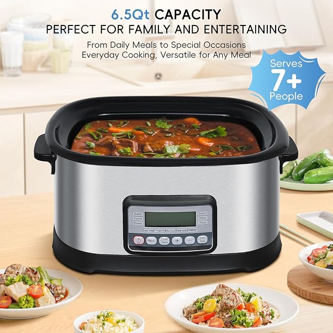 6.5 Quart Multi Cooker 11-in-1, Programmable Slow Cooker With Bake, Sauté, Roast, and Sous Vide functions, 1500W Timer & Temperature Control, Dishwasher Safe Lid & Nonstick Inner Pot