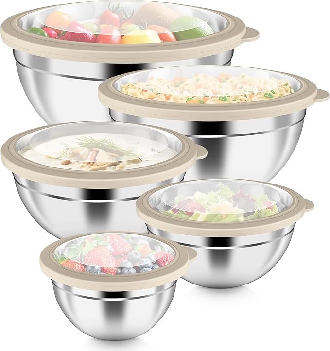 P&P CHEF Mixing Bowls with Visible Airtight Lids Set of 5, 10-Piece Stainless Steel Mixing Nesting Bowl, Metal Bowl with Lid for Kitchen Prepping & Storing, Size 4.6, 3, 1.5, 1, 0.7 QT, Khaki