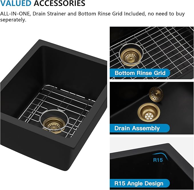 15"x18" Undermount Bar Prep Sink – Matte Black Granite Composite Quartz Classic Under Counter Single Bowl Sink Basin for Wet Bar, RV, Small Kitchen