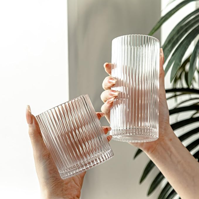 Set of 8 Ribbed Glassware, 4 Large Glasses 13 oz, 4 Rocks Glass Cups 10 oz