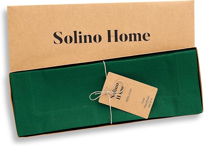 Solino Home Linen Placemats Set of 4 - Christmas Green Placemats 14 x 19 Inch - 100% Pure Linen Table Place Mats - Fete
