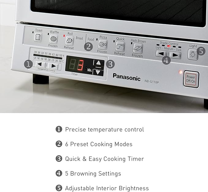 Panasonic FlashXpress Toaster Oven Countertop, 4-Slice Compact Size with Double Infrared Heating, 6 Auto Cook Options and Precise Temperature Control, 1300W - NB-G110P (Silver)