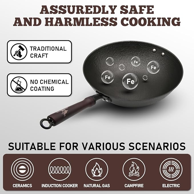 HONGJIANG Cast Iron Wok Pan, 11.8" Pre-Seasoned Flat Bottom Wok,Coating-Free Wok Stir Fry Pan With Glass Lid,Compatible Traditional Chinese Wok For Induction, Electric, Gas,Open Fire