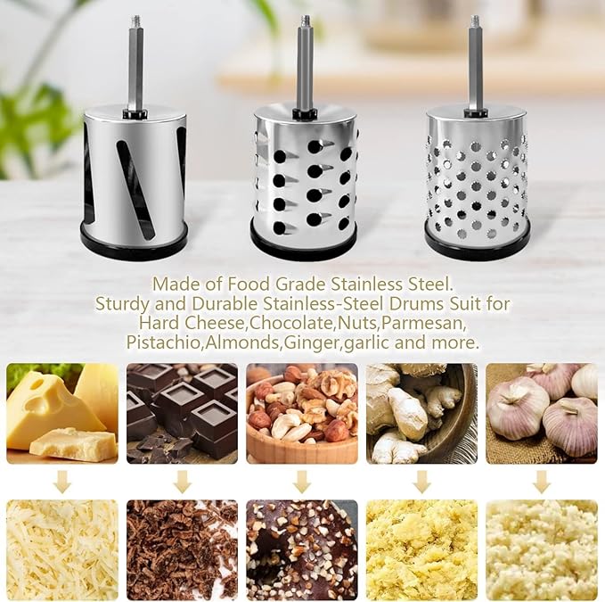 LHS Rotary Cheese Grater Stainless Steel Manual Cheese Shredder Grater Walnuts Grinder with 3 Interchangeable Drum Blades for Chocolate, Cheese and Nuts