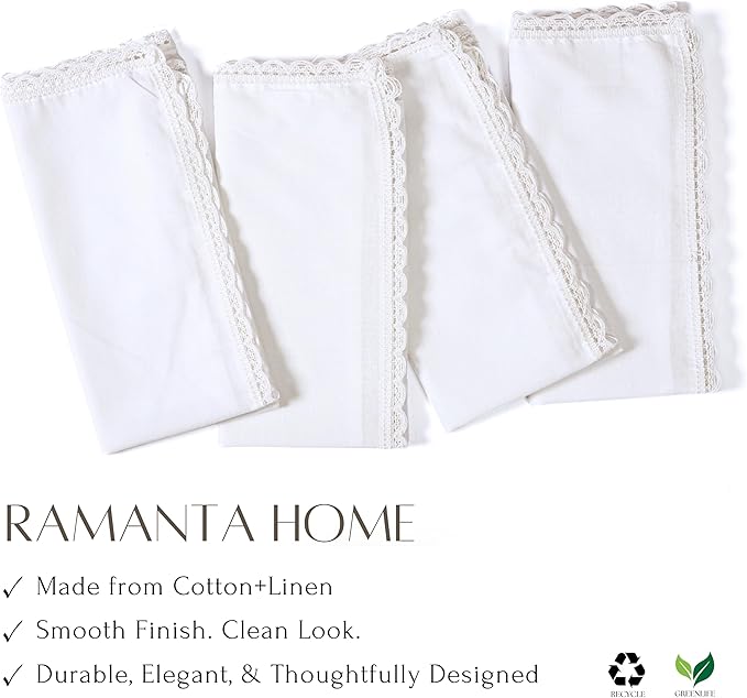 Ramanta Home White Coth Dinner Napkin Set of 12 Premium Cotton 20X20 Inch Oversized Linen Flax Lace Soft & Durable Washable Ideal for Everyday Use Parties Thanksgiving Christmas Halloween