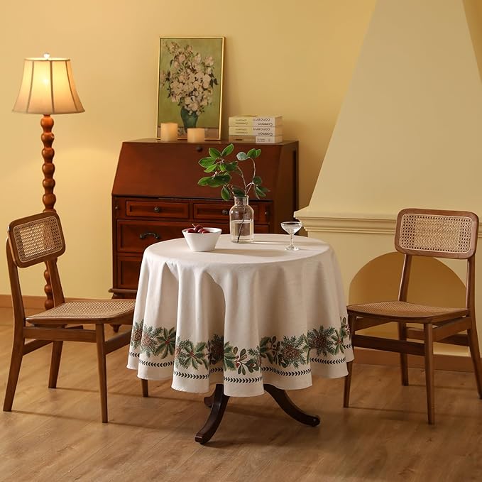 Christmas Tablecloth for Round Tables,Linen Table Cloth with Leaves and Pinecones Pattern,Heavy Durable Table Cover for Dining Thanksgiving Kitchen Decor Party Christmas,Diameter 67"