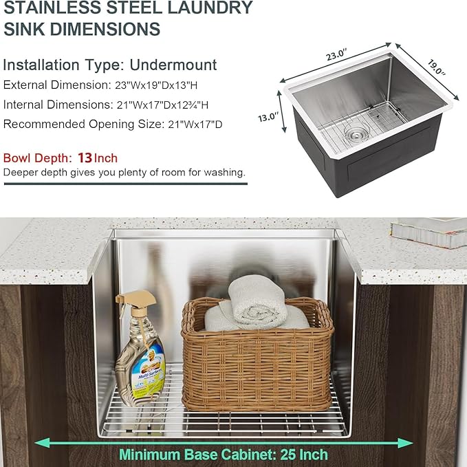 Lordear 23 Inch Laundry Room Sink Undermount 16 Gauge Stainless Steel Single Bowl 13 Inch Deep Handmade Utility Sink with Full Cutting Board, 23" x 19" x 13"