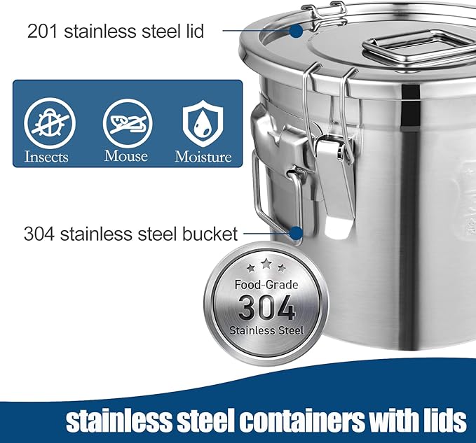 304 Stainless Steel Airtight Canister for Kitchen, 5.55 Gal Canisters Container with Lids and Sturdy Locking Clamp, Metal Food Storage Containers for Flour Grain Coffee Bean, 21L
