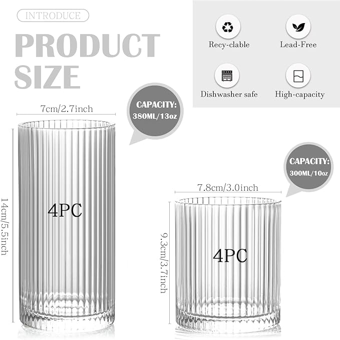 Set of 8 Ribbed Glassware, 4 Large Glasses 13 oz, 4 Rocks Glass Cups 10 oz