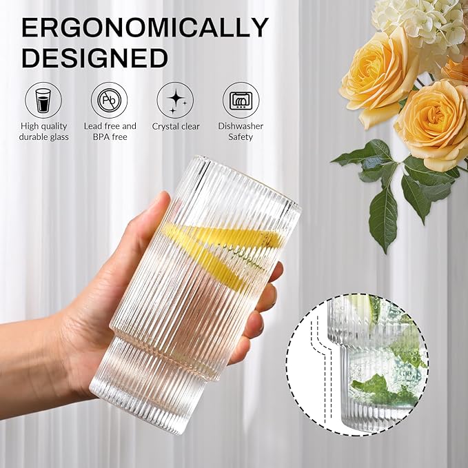 16OZ Ribbed Glass Cups with Lids and Straws,Iced Coffee Cups with Bamboo Lid,Vintage Glassware for Whiskey Cocktail Beer Fruit Juice Glasses Tumbler(4 Pack)