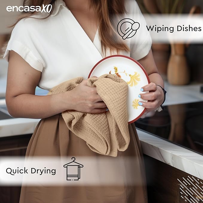 Encasa XO Kitchen Dish Towels Set | Beige | Waffle Weave and Flat Hand Tea Towel | 28"x18" | Quick Drying Reusable Cotton Washcloths | Multipurpose Lightweight Dishcloths Set of 4