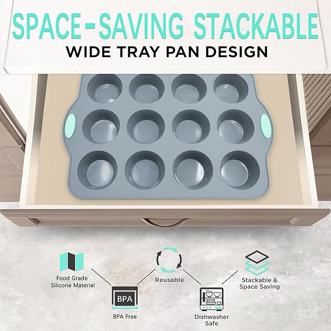 To encounter Small Silicone Muffin Pan, 2 Pack 12-Cup, Nonstick Baking Cups, Cupcake Pan with Metal Reinforced Frame More Strength