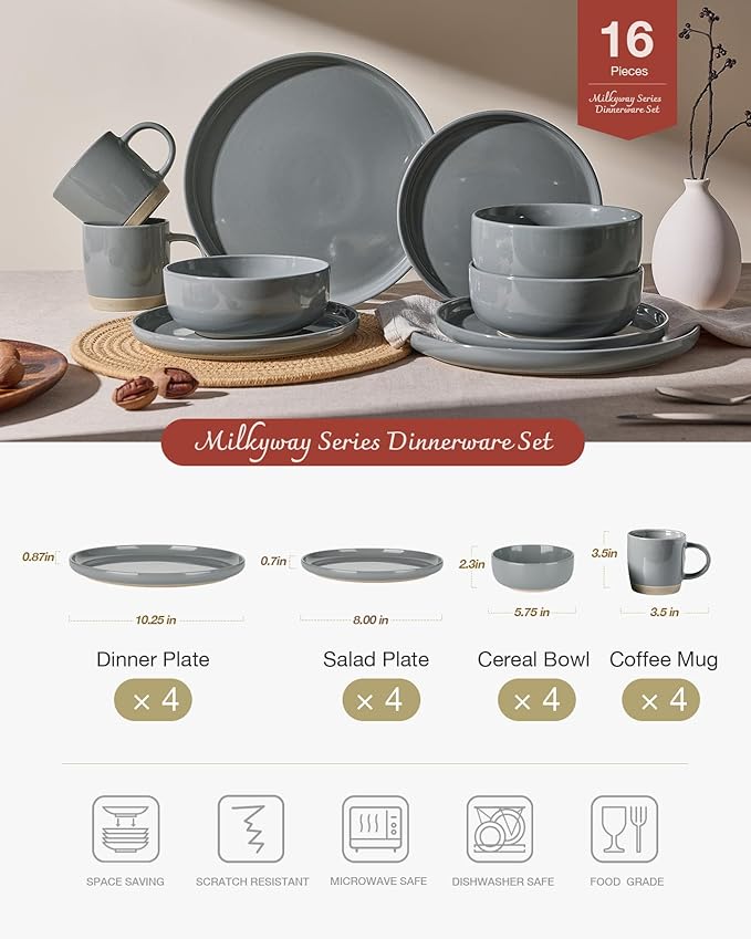 Famiware Milkyway Stoneware Dinnerware Sets with Mugs, Service for 4 (16pcs), Plates and Bowls Sets, Scratch Resistant, Microwave and Dishwasher Safe Dishes Set, Dark Gray