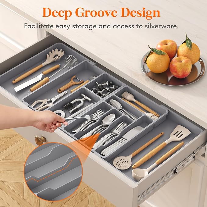 Lifewit Large Silverware Drawer Organizer, Plastic Cooking Utensil Tray for Kitchen, Expandable From 21 to 36 Inches, Adjustable Flatware Cutlery Spoon Fork Knife Spatula Gadgets Holder, Gray