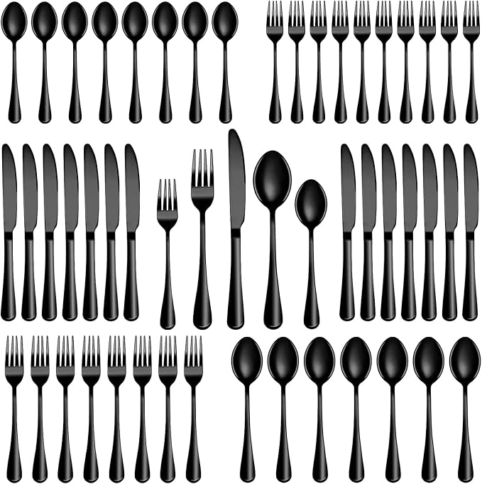 50 Pcs Black Silverware Set, Stainless Steel Flatware Set Service for 10, Mirror Polished Cutlery Utensil Sets, Durable Home Kitchen Eating Tableware Sets, Include Fork Knife Spoon, Dishwasher Safe