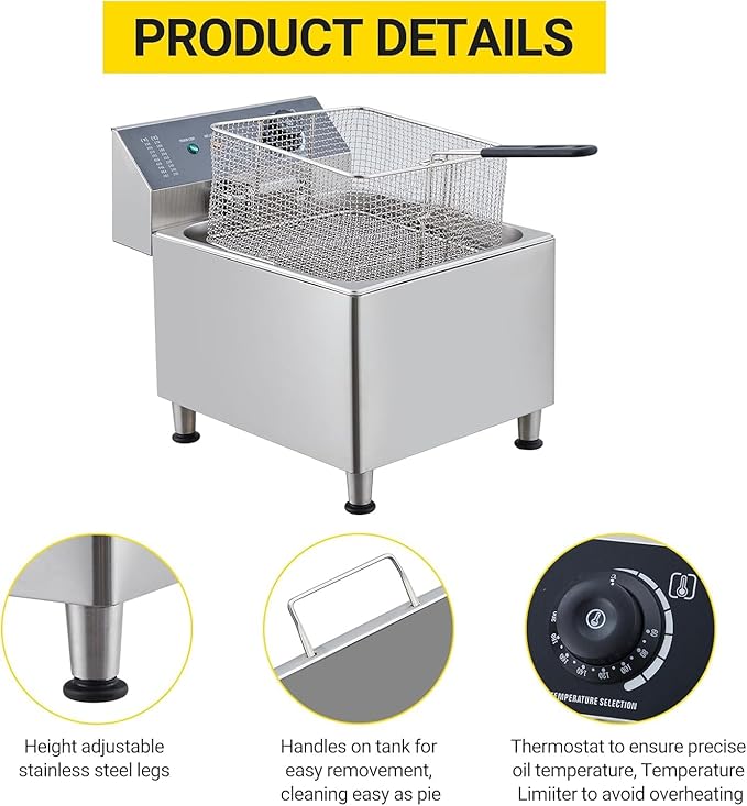 Commercial Deep Fryer 11L/3.3Gal 1700W,110V|6LB Basket with 304 Stainless Steel & Rapid Heating System | Splash Guard Lid for Restaurant, Food Truck, Home Kitchen