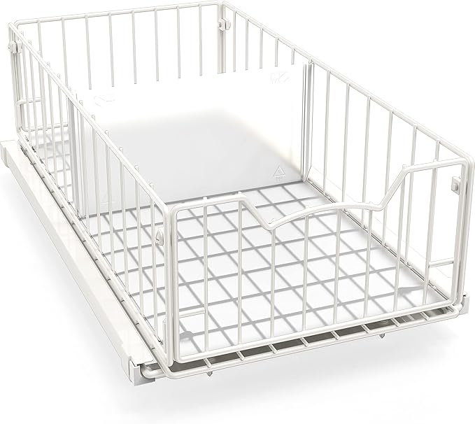 Simple Houseware Pull-Out Cabinet Sliding Basket Organizer, 17.2" D x 9.7" W x 5" H – White, Ideal for Kitchen and Bathroom Cabinet Storage, Under Sink or Pantry Organization
