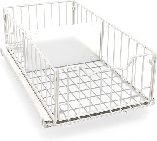Simple Houseware Pull-Out Cabinet Sliding Basket Organizer, 17.2" D x 9.7" W x 5" H – White, Ideal for Kitchen and Bathroom Cabinet Storage, Under Sink or Pantry Organization