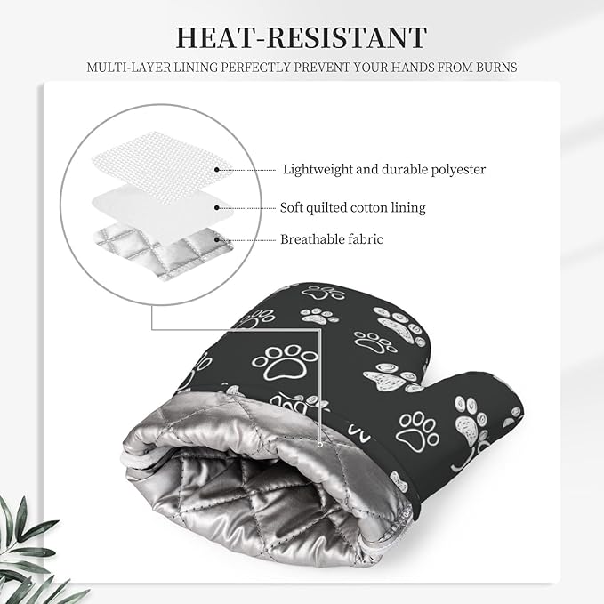Dog Paw Print Oven Mitts and Pot Holders Set of 4 Silicone Black White Dog Paw Print Kitchen Mitten Gloves and Non-Slip Potholders Set Heat Resistant Oven Gloves Hot Holders for Kitchen