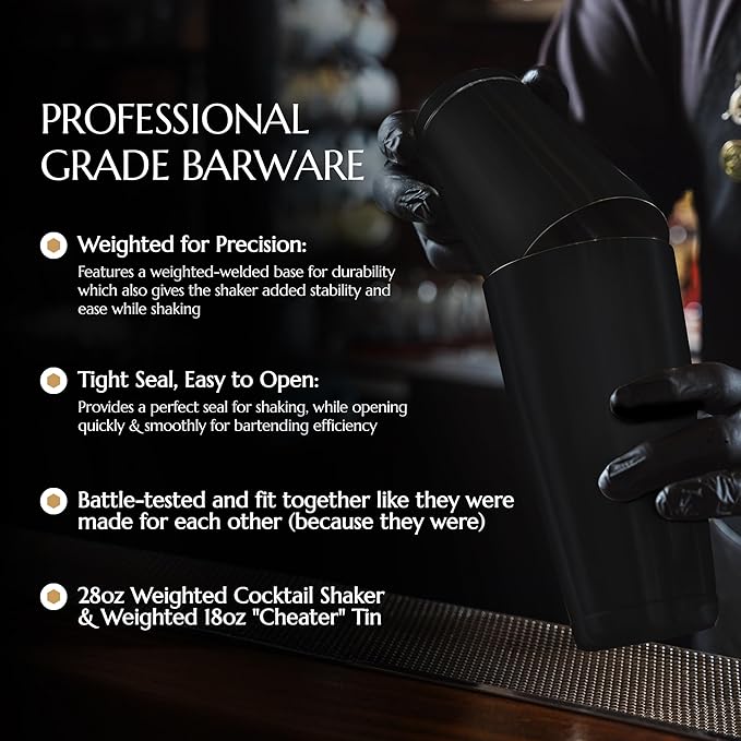 Bull in China 2-Piece Cocktail Shaker Matte Black – 28 oz Weighted Shaker & 18oz Weighted Cheater Tin, Professional Grade Bar Shaker, Premium Cocktail Shaker Set for Professional & Home Bartenders