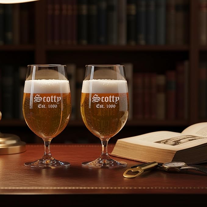 Riedel Personalized Bar Beer Glasses, Set of 2 Custom Engraved 17oz Crystal Beer Glasses with Stems for Craft Beer, IPA, Pilsner, Lager, Gifts for Beer Lovers
