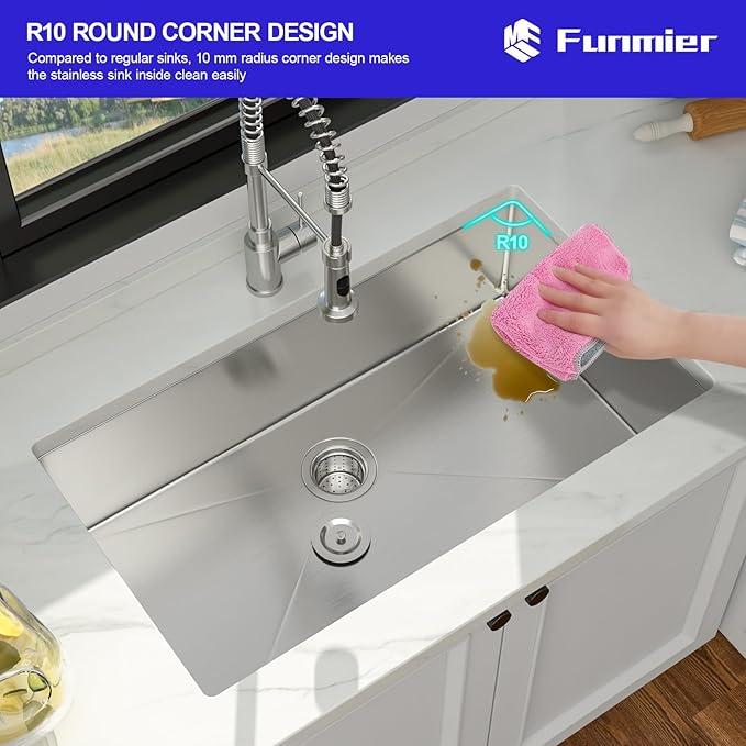 33 Inch Undermount Kitchen Sink - Funmier 33 x 19 Undermount Kitchen Sinks Stainless Steel 16 Gauge Single Bowl Under Mount Deep Basin Handmade with Offset Drainer