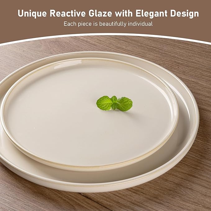 GBHOME Ceramic Dinnerware Sets for 4, 12 Pieces Stoneware Plates and Bowls Sets, Scratch Resistant Dishes, Dishwasher & Microwave Safe, Reactive Glaze-Vanilla color