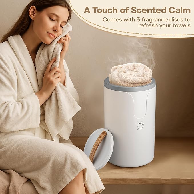 20L Luxury Towel Warmer Gift-Ready Box, Dual Heat, 30/60/90 Min Presets, Stainless Steel Interior, Tip-Over Auto Shut-Off, Includes 12 Fragrance Discs, Perfect Spa Gift for Home & Bathroom