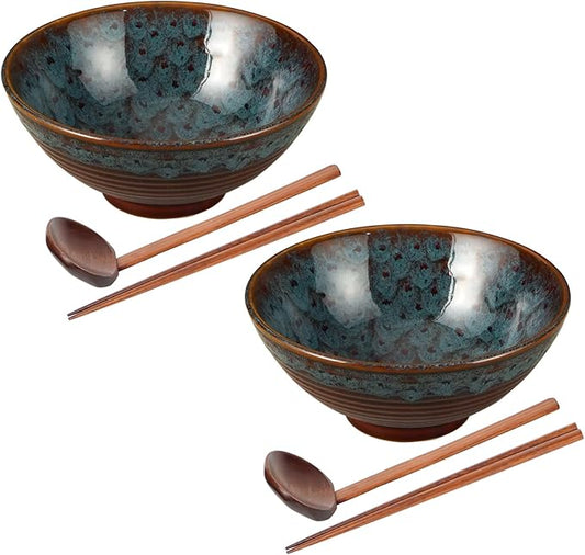 Ceramic Japanese Ramen Bowl Set with Chopsticks,8 inch 40 oz Pho Bowls & Asian Soup Bowl and Spoons Set for Udon Noodle,Soba,Miso Soup,Set of 2(Peacock Green)