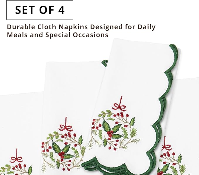 PurpleEssences Scalloped Embroidery Cloth Napkins Christmas Holiday Winter Table Decor 100% Cotton Set of 4-18 x 18 inch - White - Edges - Forest Green - Christmas Wreath