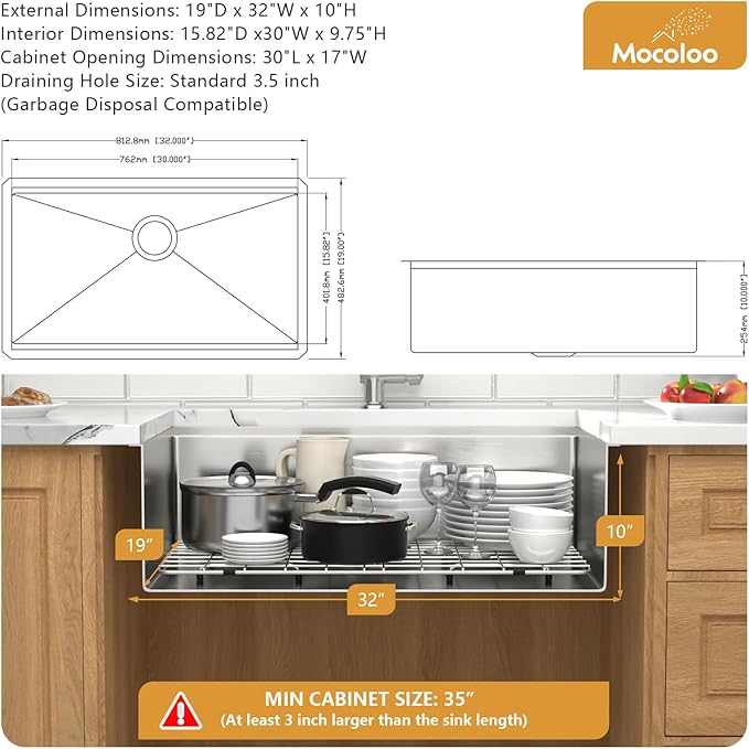 32 Kitchen Sink Undermount - Mocoloo 32 x19 Stainless Steel Kitchen Sink 16 Gauge Deep Single Bowl Handmade Under Counter Basin with Ledge Workstation