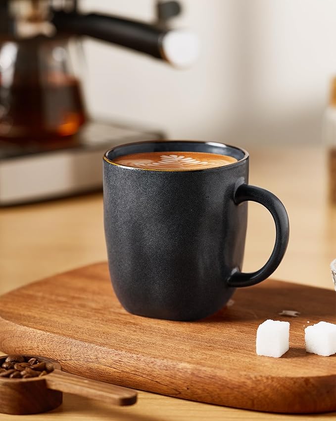 famiware Coffee Mugs Set of 6, Ocean Square 13oz Coffee Cup Set with Handle for Cocoa, Milk, Hot Chocolate, Tea, Water, Stoneware Cups for Kitchen, Microwave and Dishwasher Safe, Matte Black