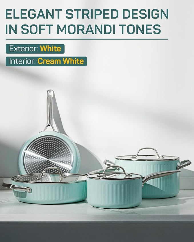 10Pcs Nonstick Cookware Set, Ciwete Tri-Ply Ceramics Cookware Set, Kitchen Pots and Pans with Stay Cool Ergonomic Handle, Dishwasher Safe, Oven Safe, Gift, Compatible with All Stovetop, Green