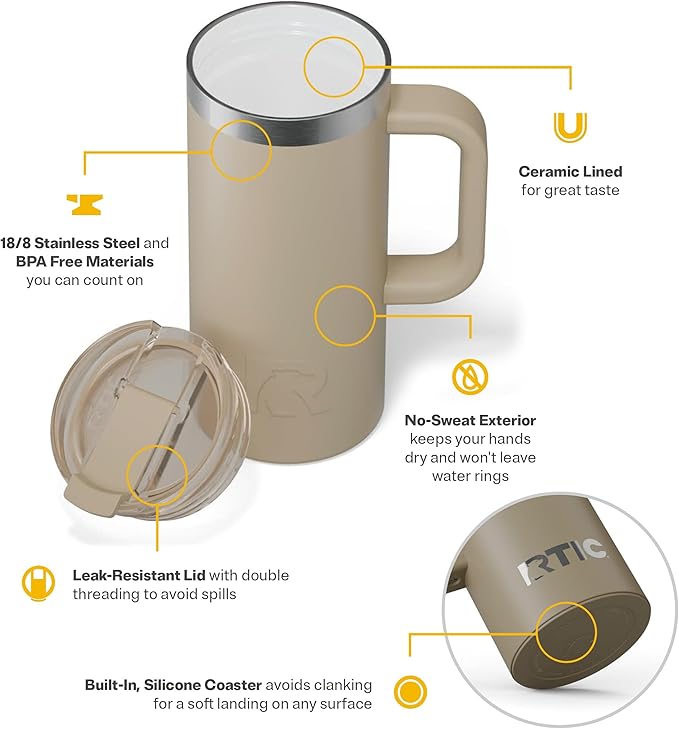 RTIC 16oz Road Trip Travel Mug with Lid and Handle, Ceramic Lined, Insulated, Stainless Steel, Metal, Double Wall Vacuum-Insulation, Portable Coffee, Tea Cup for Hot and Cold Drink, Beach