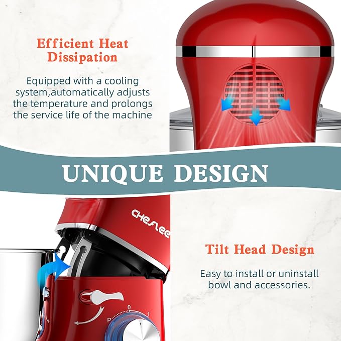 CHeflee Stand Mixer,600W 6+P With 6.5QT Stainless Steel Bowl,Dough Hook, Wire Whip & Beater,for Most Home Cooks,Red