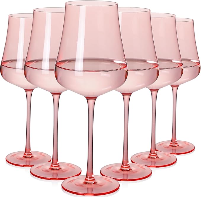 Pink Wine Glasses Set of 6-18oz Hand Blown Blush Pink Wine glasses - Unique Gift for Birthday,Wedding, housewarming