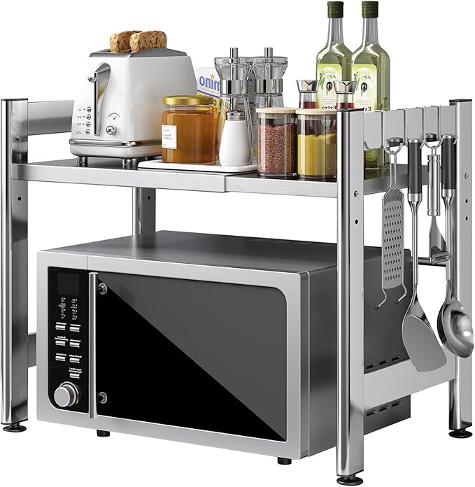 Extendable Microwave Oven Rack，Adjustable Microwave Stand Kitchen Counter Shelf Kitchen Utensils Storage, Stainless Steel 2-Tier Over Microwave Shelf Countertop Organizing Rack with 4 Hooks（S）