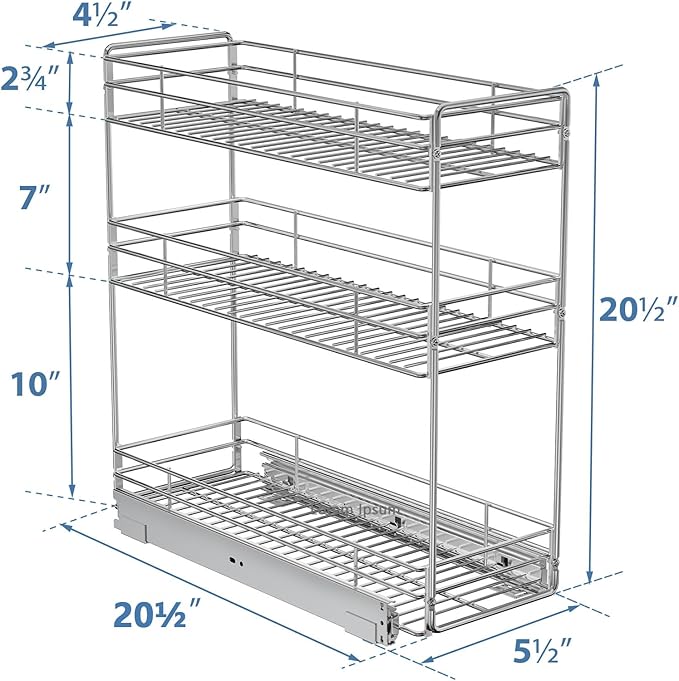 ROOMTEC Pull Out Spice Rack for Narrow Cabinet (5½" W X 20½" D),3 Tier Slide Out Cabinet Organizer and Pull Out Shelves Under Cabinet Storage for Kitchen, Chrome