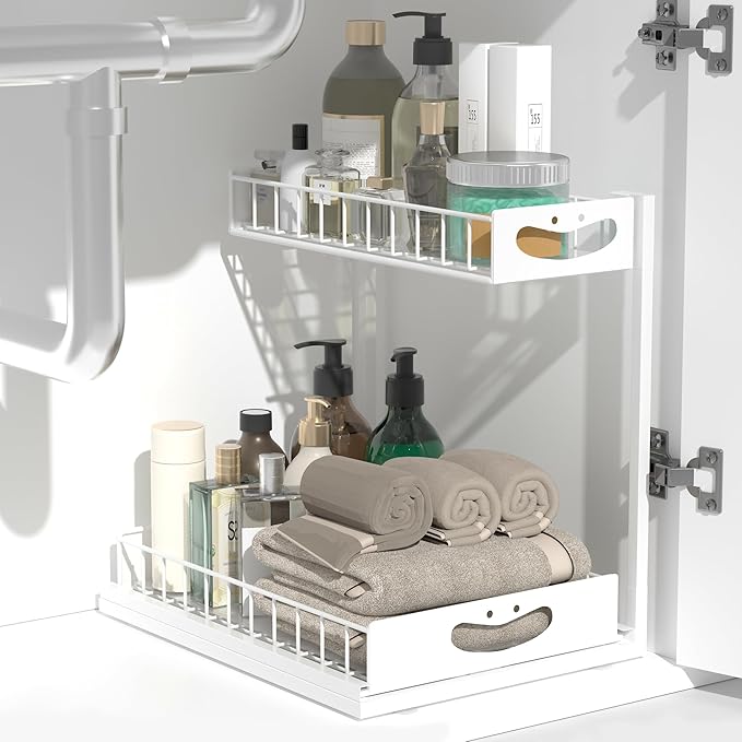 Under Sink Organizer with Pull-Out Drawers,Kitchen Sink Organizer,2 Tier Bathroom Organizers And Storage,Bathroom Accessories Set,White 1 Pack