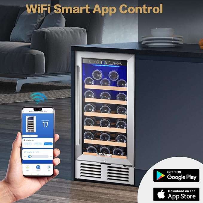 BODEGA Wine Fridge Freestanding, 15 inch Under Counter Wine Refrigerator, Cooler with App Control, Glass Door, for Kitchen, Bedroom, Home, Office, Holds 31 Bottles