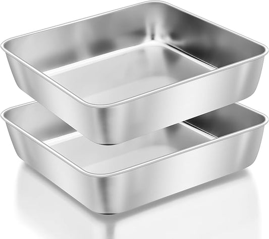 Herogo 9 x 9 x 2 Inch Baking Pan Set of 2 for Oven, Stainless Steel Square Cake Pan for Lasagna Brownies Casseroles Cakes, Dishwasher Safe & Durable