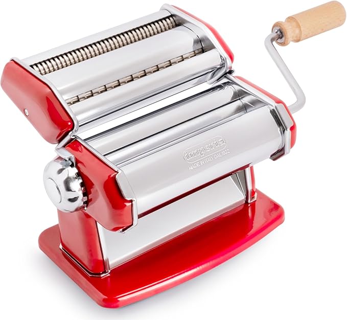 Imperia Pasta Maker Machine, Red- 100% Made in Italy, Heavy Duty Steel Construction, Easy Lock Dial Wood Grip Handle & Cleaning Brush- Fresh Homemade Italian Spaghetti Fettuccine Lasagna, Classic Line