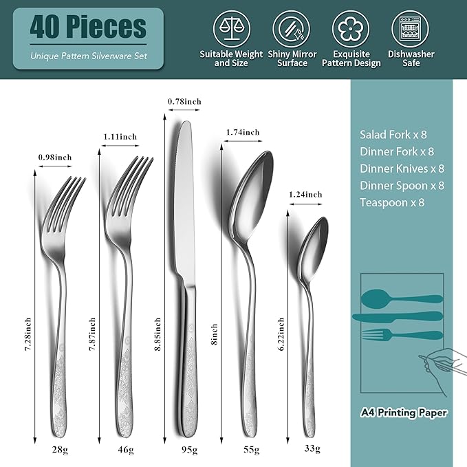 40 Piece Flatware Set, Service for 8, EIUBUIE Premium Stainless Steel Cutlery Set, Mirror Polished Silverware Sets with Pattern Handle, Modern Kitchen Eating Utensils Sets