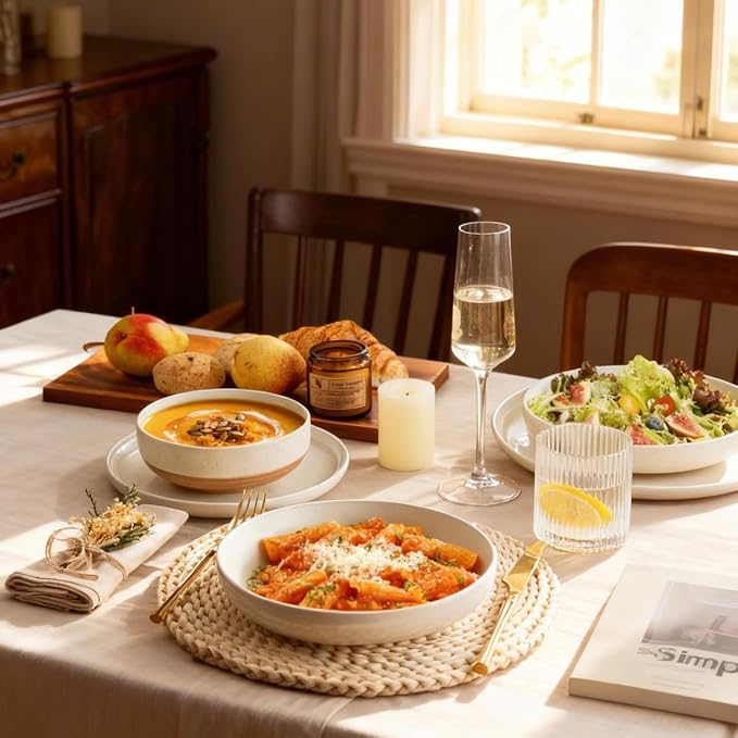 AmorArc Ceramic Dinnerware Sets with Pasta Bowls for 8, Handpainted Plates and Bowls Set with Rustic Terracotta Underside, Scratch Resistant Dishes Set, Dishwasher & Microwave Safe, 32 Pcs