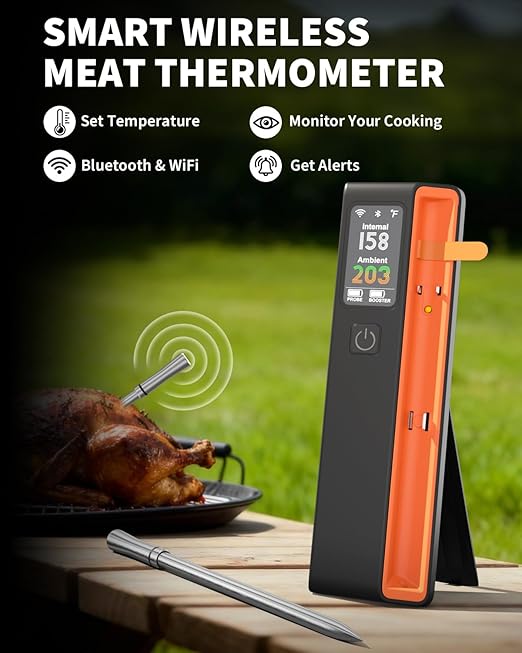 Wireless Bluetooth Smart Meat Thermometer - WiFi Unlimited Range, 1 Ultra-Thin Probe, 6 Sensors with NIST Certified Accuracy, for BBQ, Grill, Oven, Smoker, Rotisserie - iOS & Android App