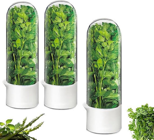 Herb Saver for Refrigerator - Herb Keeper & Cilantro Container for Fridge | Vegetable Preservation Storage Container for Cilantro, Basil, Asparagus | Extends Freshness Up to 2-3 Weeks (3PCS)