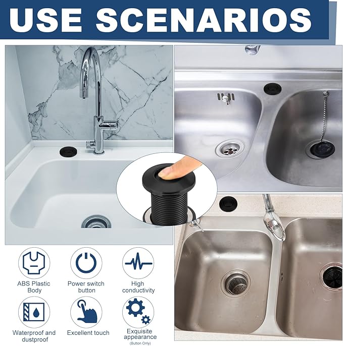 Garbage Disposal Air Switch Kit Dual Outlet Sink Top Waste Disposal On/off Stainless Steel Satin Nickel Button Extra Long Food and Waste Disposer, UL List (Black)