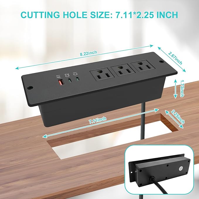 45W Recessed Power Strip USB C, Flush Mount Desk Extender 3 AC Outlets 2 PD USB-C&1 Fast Charge USB-A Ports,Flat Plug Extension Cord for Drawer Cabinet Countertop Table Conference Black